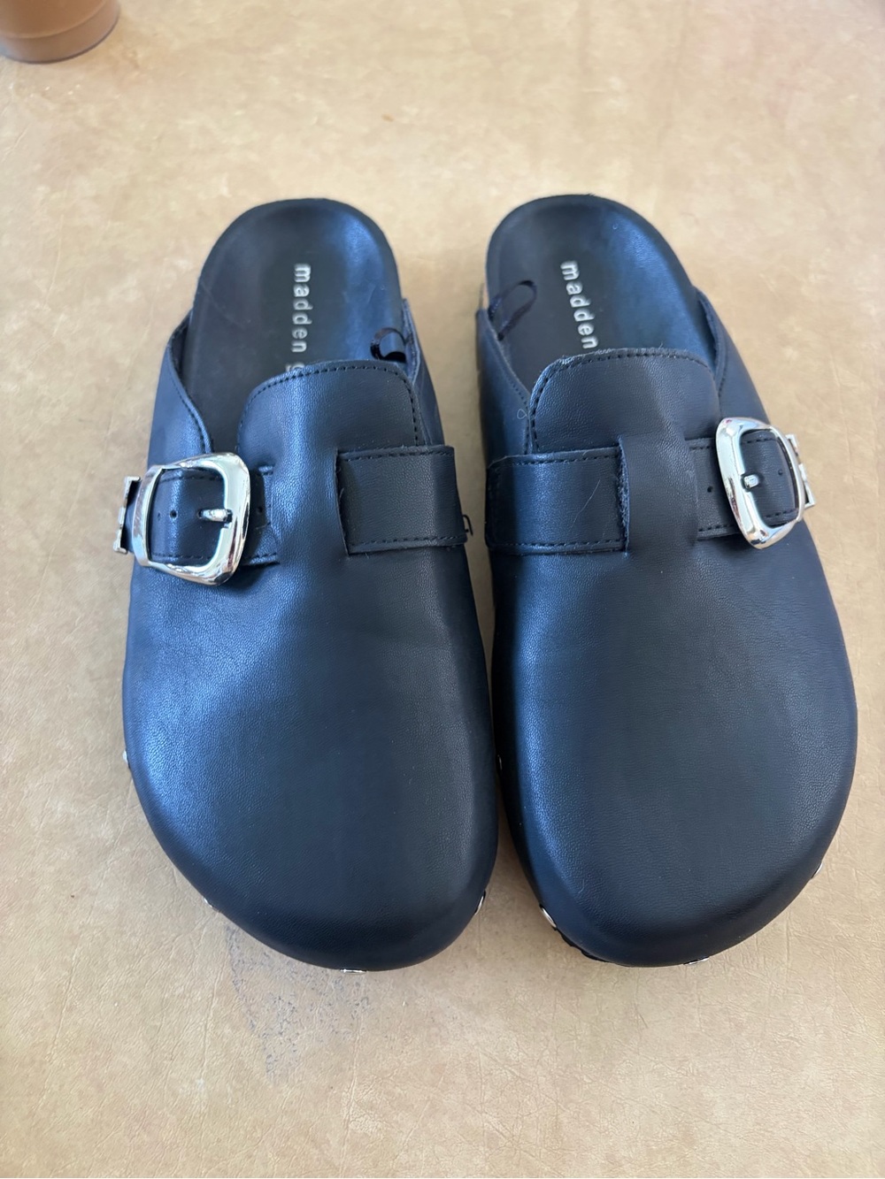 Madden Girl Black Slip-On Clog Mules with Silver Buckles